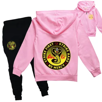 Новая мода Cobra Kai Толстовка Детский спортивный костюм для маленьких девочек Одежда для мальчиков-подростков Куртка с капюшоном на молнии + Спортивные штаны 2 шт. комплект