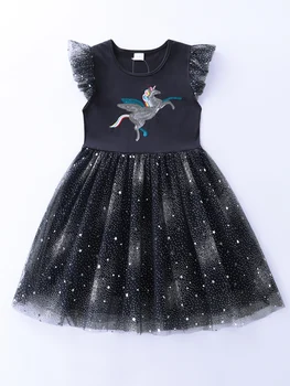 Летнее платье трапециевидной формы без рукавов из хлопка с вышивкой в виде мультяшного единорога для девочек
