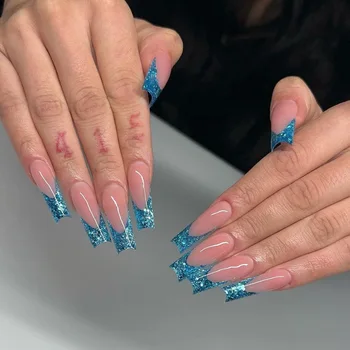 24ШТ Синих блесток, накладные ногти, длинные накладные ногти, французский Градиентный цветной пресс на ногтях для женщин и девочек, Бесплатная доставка