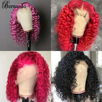 Розовый Черно-красный парик Bernardo Короткий синтетический парик на кружеве из термостойких волокнистых волос, Кудрявые парики из натуральных волос для женского косплея