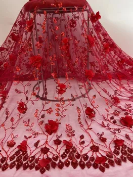 Африка Морден Вышитый Тюль Сетчатая Ткань Бусины Роскошный Французский 3D Цветок Сетка Кружево Вечернее Свадебное платье