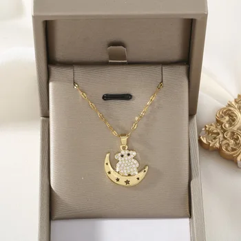 Изысканное модное ожерелье с подвеской в виде Луны и Медведя для женщин, персонализированные украшения в виде животных с микро-инкрустацией цирконом, подарок на день рождения