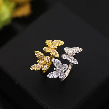 Высококачественные модные украшения Роскоши и золотого цвета с двойной бабочкой, с полным цирконием CZ, Открытые кольца для женщин