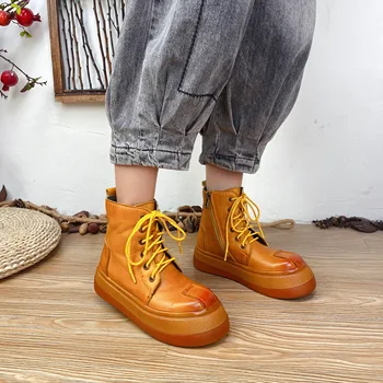 XPAY Зимние ботинки из натуральной кожи на плоской платформе, женские теплые плюшевые ботильоны на шнуровке, женские ботинки для отдыха на молнии, Размер 35-40