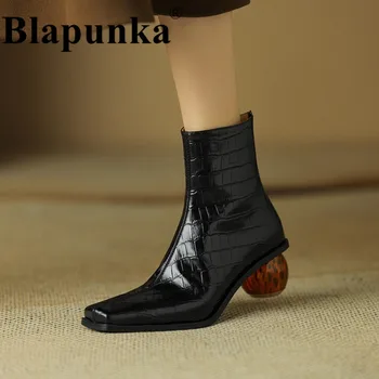 Blapunka / Женские ботинки из натуральной кожи с квадратным носком из крокодиловой кожи, короткие ботинки на круглом каблуке с застежкой-молнией, женская высококачественная обувь 39