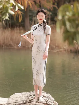 Традиционное Китайское женское шифоновое платье Ципао с воротником-стойкой ручной работы, пуговицы ручной работы, вечернее платье с воротником-стойкой