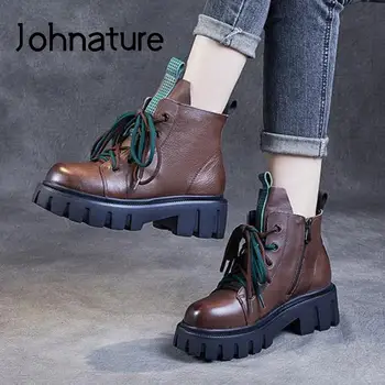Johnature/ Осенне-зимняя обувь, Женские ботинки из натуральной кожи на шнуровке с круглым носком, Лаконичные, Новинка 2022 года, вышитые вручную Ботинки на платформе