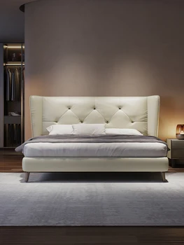 Итальянская минималистичная кожаная кровать Современный минималистичный диван с высокой спинкой, мягкая кожаная кровать в скандинавском стиле, двуспальная светлая роскошная кровать в скандинавском стиле