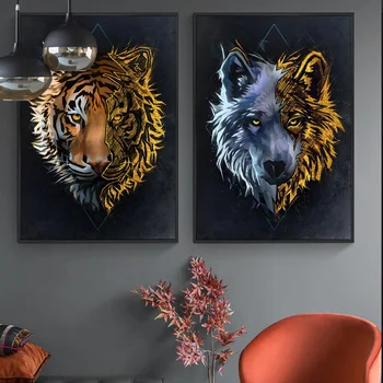 Золотая голова Тигра и Волка, Абстрактные настенные принты, Животные, Скандинавский холст, плакат, живопись, Декоративная картина для гостиной