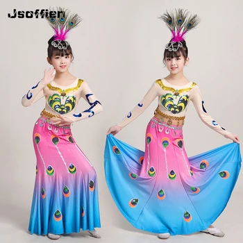Китайский национальный танцевальный костюм Дай для детей, одежда для танцев с павлином в форме рыбьего хвоста, женская одежда для народных танцев в виде Павлина на сцене