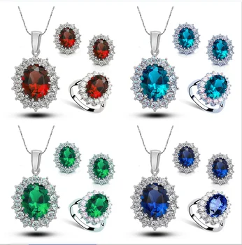Новый женский комплект ювелирных изделий с голубым драгоценным камнем, кольцо, серьги, ожерелье, бриллианты из 3 частей, европейские и американские ювелирные изделия высокого класса.