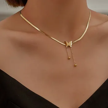 Изысканное Шикарное ожерелье с подвеской в виде бабочки в виде сердца для женщин из нержавеющей стали с покрытием 18 Карат, Золотое ожерелье в елочку