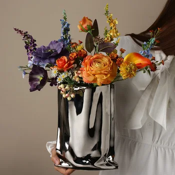 Роскошная керамическая Серебряная ваза для растений, Гальваническая Цветочная композиция для гостиной, Украшение для гостиничного искусства, Аксессуары для дома