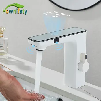 Белый Умный сенсорный Смеситель для раковины для ванной комнаты с креплением на бортике, Бесконтактный Смеситель для раковины с горячей и холодной температурой и цифровым дисплеем
