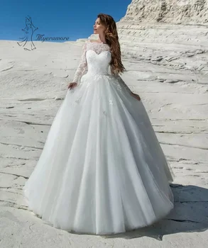 Короткое свадебное платье-футляр с круглым вырезом и кружевными аппликациями, со съемной юбкой, из двух частей, свадебное платье принцессы из тюля трапециевидной формы с длинным рукавом