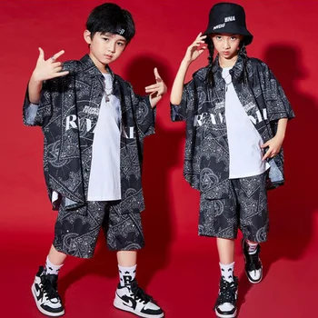 Детская карнавальная одежда в стиле хип-хоп, рубашка Harajuku оверсайз, топ, уличная одежда, Летние Шорты для девочек и мальчиков, костюмы для джазовых танцев.