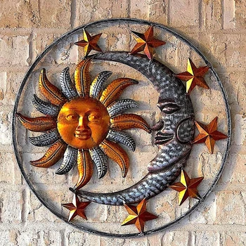Металлическая скульптура с Лицом Солнца и Луны, Статуя, Настенное искусство, Подвесные украшения Для дома, в помещении, на открытом воздухе, Садовый забор, Украшение Офисного стола