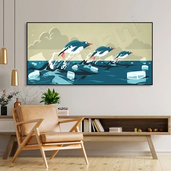 Художественный принт с панорамой пингвина, Настенный рисунок с плавающим пингвином, Декор стен Антарктиды, Плакат с Антарктидой, Панорама
