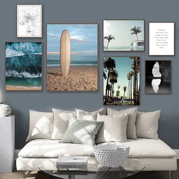 Доска для серфинга с морской волной, кокосовое дерево, пляж, настенное искусство, холст, живопись, плакаты на скандинавскую тему и принты, настенные панно для декора гостиной