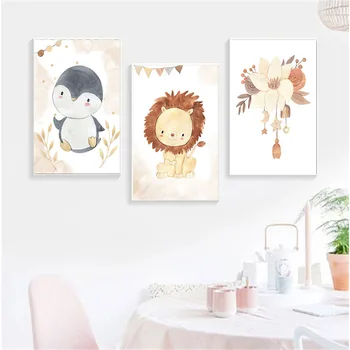 Скандинавская милая мультяшная картина на холсте с милым львом, жирафом, совой, настенные художественные плакаты и принты для украшения детской комнаты