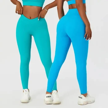 Спортивные штаны для бега с контролем живота, женские леггинсы для йоги с V-образным вырезом на талии