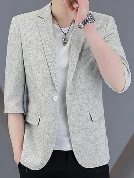 Летний мужской Блейзер с семиконечным рукавом и одной пуговицей, Однотонное пальто 2023, Корейские тонкие топы, Модный Деловой Повседневный Пиджак