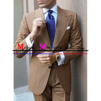 Классический деловой коричневый мужской костюм, новейший дизайн пальто и брюк, осенний модный однотонный приталенный свадебный костюм из 2 предметов (блейзер + брюки) Homme