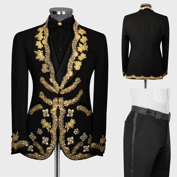 Роскошные мужские костюмы, сшитые на заказ, 2 предмета, блейзер, брюки на одной пуговице, свадебный прозрачный лацкан, золотые аппликации, бриллианты, сшитые на заказ, большие размеры