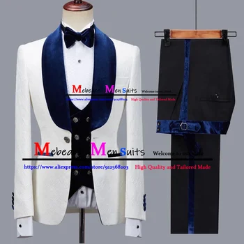 Формальный свадебный смокинг, белый жаккардовый костюм, мужской бархатный лацкан, 3 предмета (пиджак + жилет + брюки)  Вечернее платье для званого ужина, комплекты блейзеров