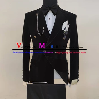 Комплект из 2 предметов черного бархатного мужского костюма, приталенные двубортные деловые мужские костюмы нового дизайна, официальная одежда для жениха (блейзер + брюки)