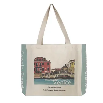 Женская холщовая сумка через плечо с венецианским принтом, женские сумки для покупок из экологически чистой хлопчатобумажной ткани, эко-сумка-тоут для девочек