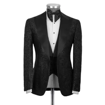 Черные Мужские костюмы с блестками, куртка, приталенный блейзер из 3 предметов, жилет, Брюки, Смокинг для жениха, мужская одежда для выступлений и вечеринок