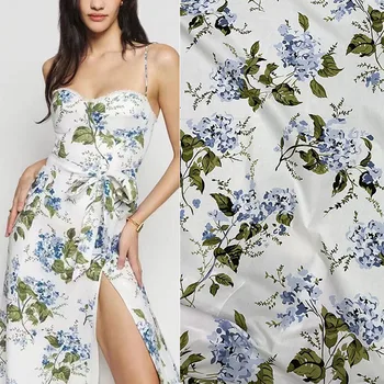 Европейская и американская модная хлопчатобумажная ткань с синим растительным цветочным принтом для женского платья блузки ручной работы из ткани для шитья своими руками