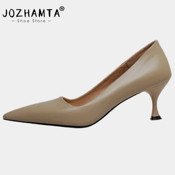 JOZHAMTA, Размер 34-39, Женские туфли-лодочки из натуральной кожи, пикантные женские туфли на высоком каблуке с острым носком, Однотонный тонкий каблук, Офисные вечерние женские туфли