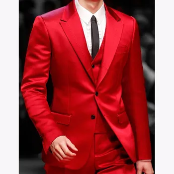 Приталенные красные мужские костюмы для выпускного вечера Певица Сцена из 3 частей Атласный свадебный смокинг жениха Мужской модный пиджак Жилет с брюками 2023