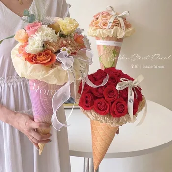 10шт Упаковка для цветов в виде рожка для мороженого из утолщенного картона, коробка для упаковки роз, переносная сумка для упаковки букетов, подарочная коробка, сделай САМ, свадьба