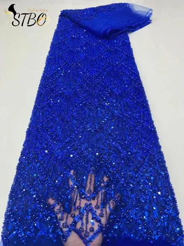 Модная африканская ткань 2023 года, высококачественные бусины ручной работы, сетчатые кружевные пайетки для пошива свадебного или вечернего платья