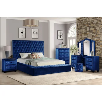 Спальный гарнитур Nora Queen из 6 предметов с хохлатым туалетным столиком, выполненный из дерева синего цвета