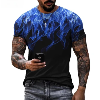 Мужская повседневная летняя футболка с объемным 3D-принтом Colorful Flame, круглым вырезом и короткими рукавами, уличная одежда большого размера