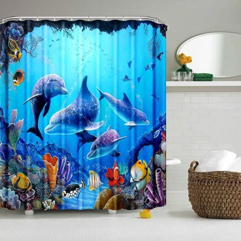 Занавеска для душа Dolphin Синий Подводный мир Морская флора и фауна Полиэфирная ткань Набор декора ванной комнаты в детской океанической тематике с 12 крючками