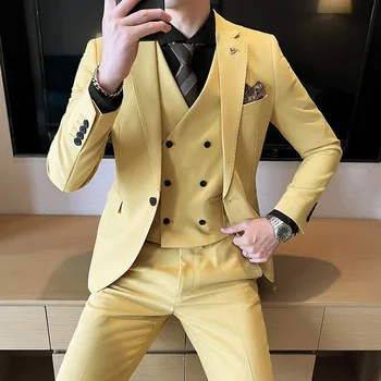 Мужской бутик Four Seasons 2023 (костюм + жилет + брюки), Корейская версия делового британского однотонного комплекта из трех предметов