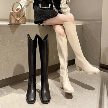 Женские ботинки 2021 года, новая осенне-зимняя корейская версия рыцарских ботинок на толстом каблуке с квадратным носком и молнией сзади, высокие сапоги