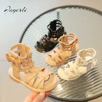 Новые летние римские сандалии для девочек с бантиком-бабочкой, легкие детские туфли на плоской подошве, тканая обувь принцессы на мягкой подошве
