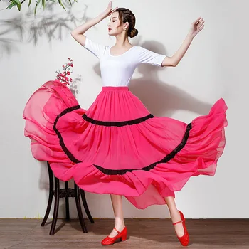 Юбка для испанского Фламенко Женщины Девушки Танцуют Корриду Цыганское Шифоновое платье с большим крылом в полоску на животе Сценические юбки для танцев